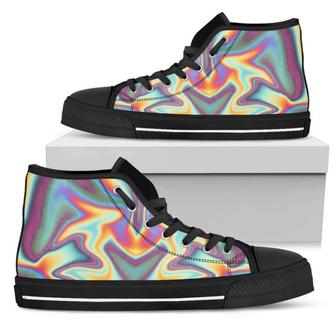 Liquid Holographic Trippy Print Men's High Top Shoes - Monsterry