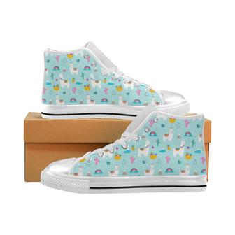 Llama alpaca cactus leaves pattern Women's High Top Shoes White - Monsterry