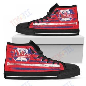 Mens Womens American Flag Vintage Baseball Philadelphia Phillies High Top Shoes | Favorety