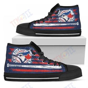 Mens Womens American Flag Vintage Baseball Toronto Blue Jays High Top Shoes | Favorety AU