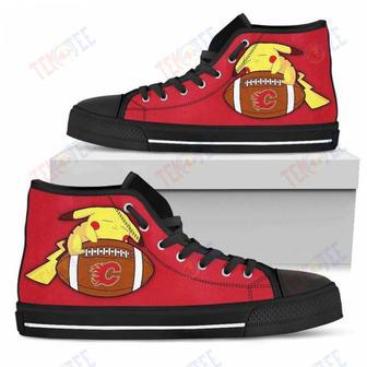 Mens Womens Calgary Flames High Top Shoes Pikachu Laying On Balltop Quality | Favorety CA