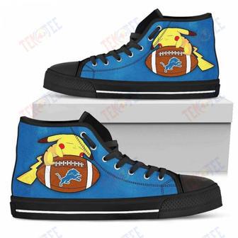 Mens Womens Detroit Lions High Top Shoes Happy Pikachu Laying On Balltop Quality | Favorety