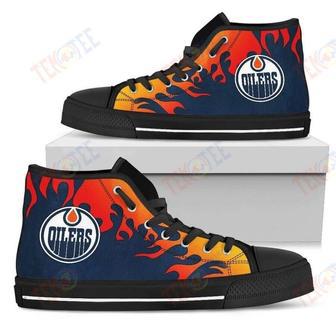 Mens Womens Fire Burning Fierce Strong Logo Edmonton Oilers High Top Shoes | Favorety DE