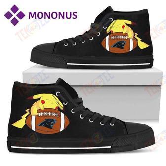 Mens Womens Love Pikachu Laying On Ball Carolina Panthers High Top Shoes Black | Favorety DE