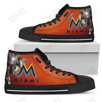 Mens Womens Miami Marlins High Top Shoes Thor Head Beside Shoes | Favorety UK