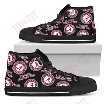 Mens Womens Script Logo Pattern Alabama Crimson Tide High Top Shoes | Favorety