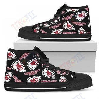 Mens Womens Script Logo Pattern Kansas City Chiefs High Top Shoes | Favorety CA