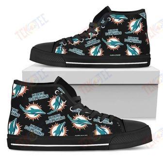 Mens Womens Script Logo Pattern Miami Dolphins High Top Shoes | Favorety