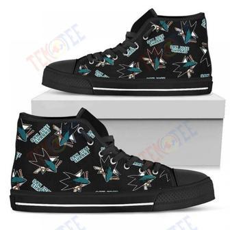 Mens Womens Script Logo Pattern San Jose Sharks High Top Shoes | Favorety AU