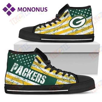 Mens Womens Vintage America Flag Green Bay Packers High Top Shoes Black | Favorety AU