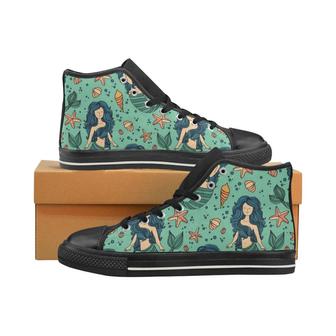 Mermaid Pattern Green Background Women's High Top Shoes Black - Monsterry