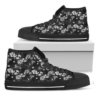 Monochrome Hawaiian Floral Print Black High Top Shoes - Monsterry AU