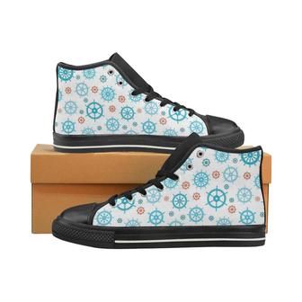 Nautical Steering Wheel Rudder Pattern Background Women's High Top Shoes Black - Monsterry