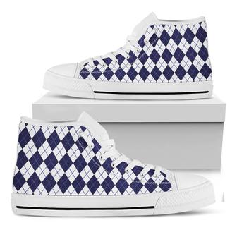 Navy Blue And White Argyle White High Top Shoes - Monsterry CA