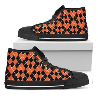 Orange And Black Halloween Argyle Print Black High Top Shoes - Monsterry DE