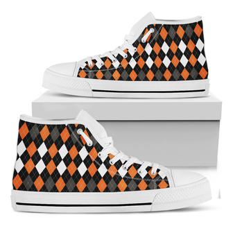 Orange Black Grey And White Argyle Print White High Top Shoes - Monsterry