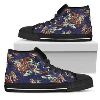 Orange Japanese Dragon Men's High Top Shoes - Monsterry