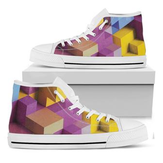 Pastel Geometric Cubic Print White High Top Shoes - Monsterry