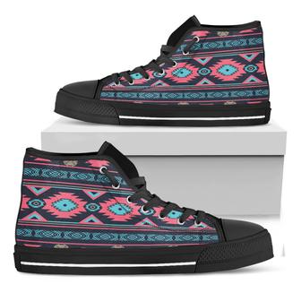 Pink And Blue Southwestern Pattern Print Black High Top Shoes - Monsterry