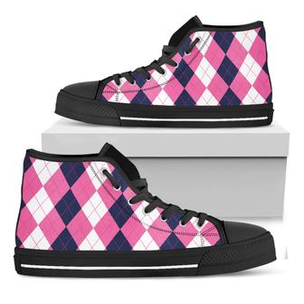 Pink Blue And White Argyle Black High Top Shoes - Monsterry AU