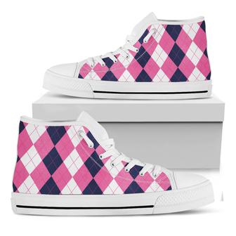 Pink Blue And White Argyle White High Top Shoes - Monsterry