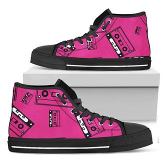 Pink Cassette Tape Pattern Print Black High Top Shoes - Monsterry CA