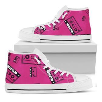 Pink Cassette Tape Pattern Print White High Top Shoes - Monsterry UK