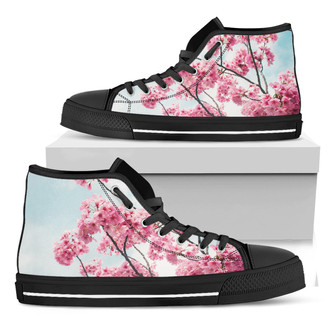 Pink Cherry Blossom Print Black High Top Shoes - Monsterry