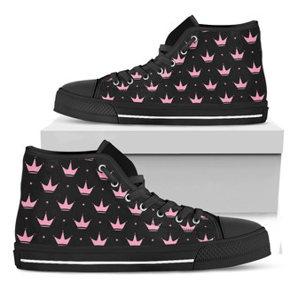 Pink Crown Pattern Print Black High Top Shoes - Monsterry