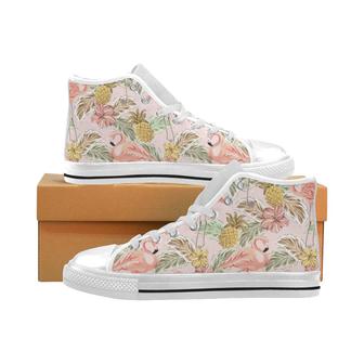 Pink flamingo birds pineapples hibiscus flower pat Men's High Top Shoes White - Monsterry CA