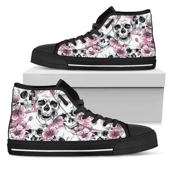 Pink Flowers Skull Pattern Print Men's High Top Shoes - Monsterry CA