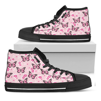 Pink Monarch Butterfly Pattern Print Black High Top Shoes - Monsterry