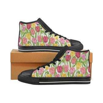 Pink Red Yellow Tulip Pattern Men's High Top Shoes Black - Monsterry CA