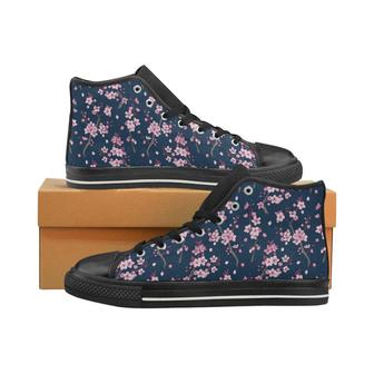 Pink sakura cherry blossom blue background Men's High Top Shoes Black - Monsterry AU