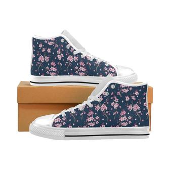 Pink sakura cherry blossom blue background Men's High Top Shoes White - Monsterry AU