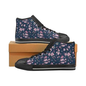 Pink sakura cherry blossom blue background Women's High Top Shoes Black - Monsterry CA