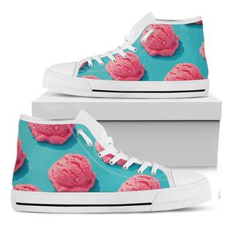Pink Strawberry Ice Cream Print White High Top Shoes - Monsterry