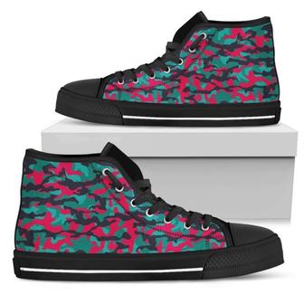 Pink Teal And Black Camouflage Print Women's High Top Shoes - Monsterry