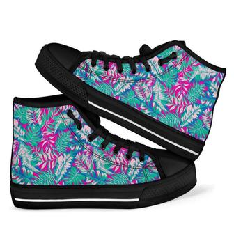 Pink Tropical Palm Leaves Hawaiian Men Women's High Top Shoes - Monsterry