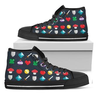 Pixel Game Items Print Black High Top Shoes - Monsterry AU