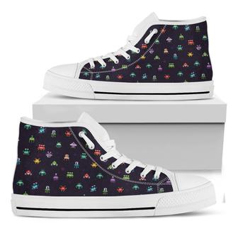 Pixel Ufo Aliens Pattern Print White High Top Shoes - Monsterry CA