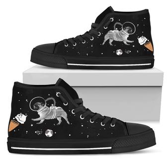 Pug Astronaut Flying In Spaceman Suit Eating Ice Cream High Top Shoes - Monsterry DE