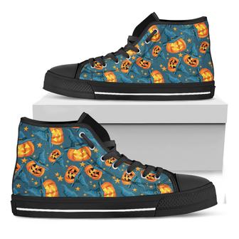 Pumpkin With Witch Hat Pattern Print Black High Top Shoes - Monsterry AU