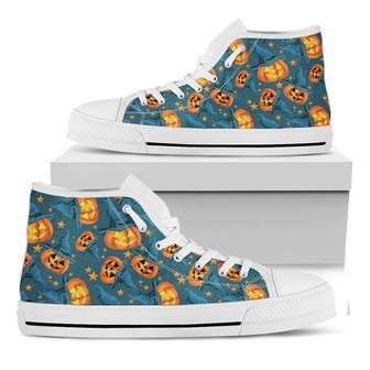 Pumpkin With Witch Hat Pattern Print White High Top Shoes - Monsterry AU
