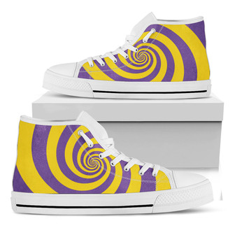 Purple And Yellow Spiral Illusion Print White High Top Shoes - Monsterry