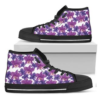 Purple Orchid Flower Pattern Print Black High Top Shoes - Monsterry AU