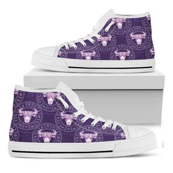 Purple Taurus Zodiac Pattern Print White High Top Shoes - Monsterry