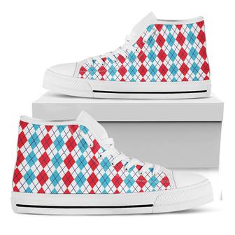 Red And Blue Argyle Pattern Print White High Top Shoes - Monsterry DE
