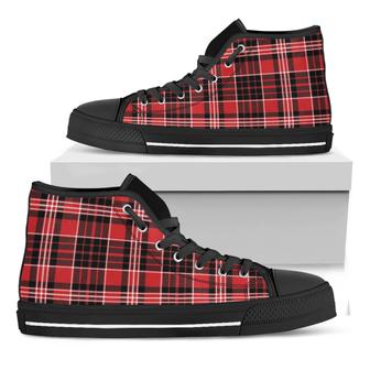 Red Black And White Scottish Plaid Print Black High Top Shoes - Monsterry