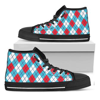 Red Blue And White Argyle Black High Top Shoes - Monsterry AU